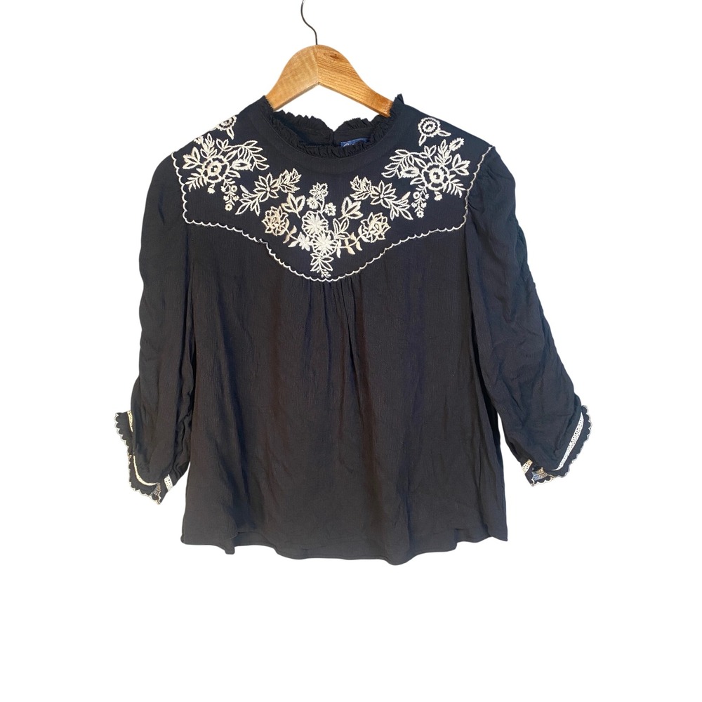 Democracy Embroidered Blouse Womens XL Black Floral Boho Cottagecore Peasant